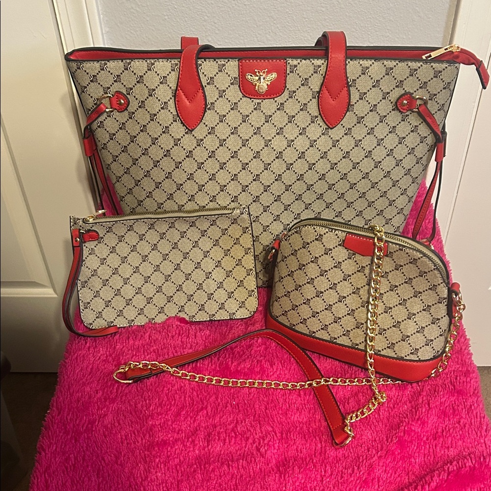 Bagallini | NWOT | Elegant Tan and Red Tote Bag Set